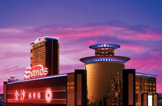A side on view of the Sands hotel at night time