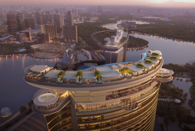 As a counterpart to the iconic Sands SkyPark at Marina Bay Sands, the Skyloop’s form is defined by overlapping elliptical volumes that spiral in opposing directions, giving the tower an overall dynamic quality and affording 360-degree views.